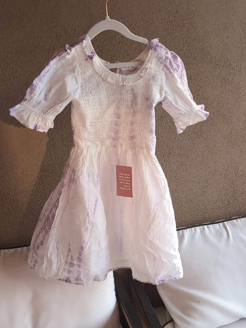 Girls Ivy City Jasmine Lavender Tie-Dye Smocked Puff Sleeve Dress 100% Cotton